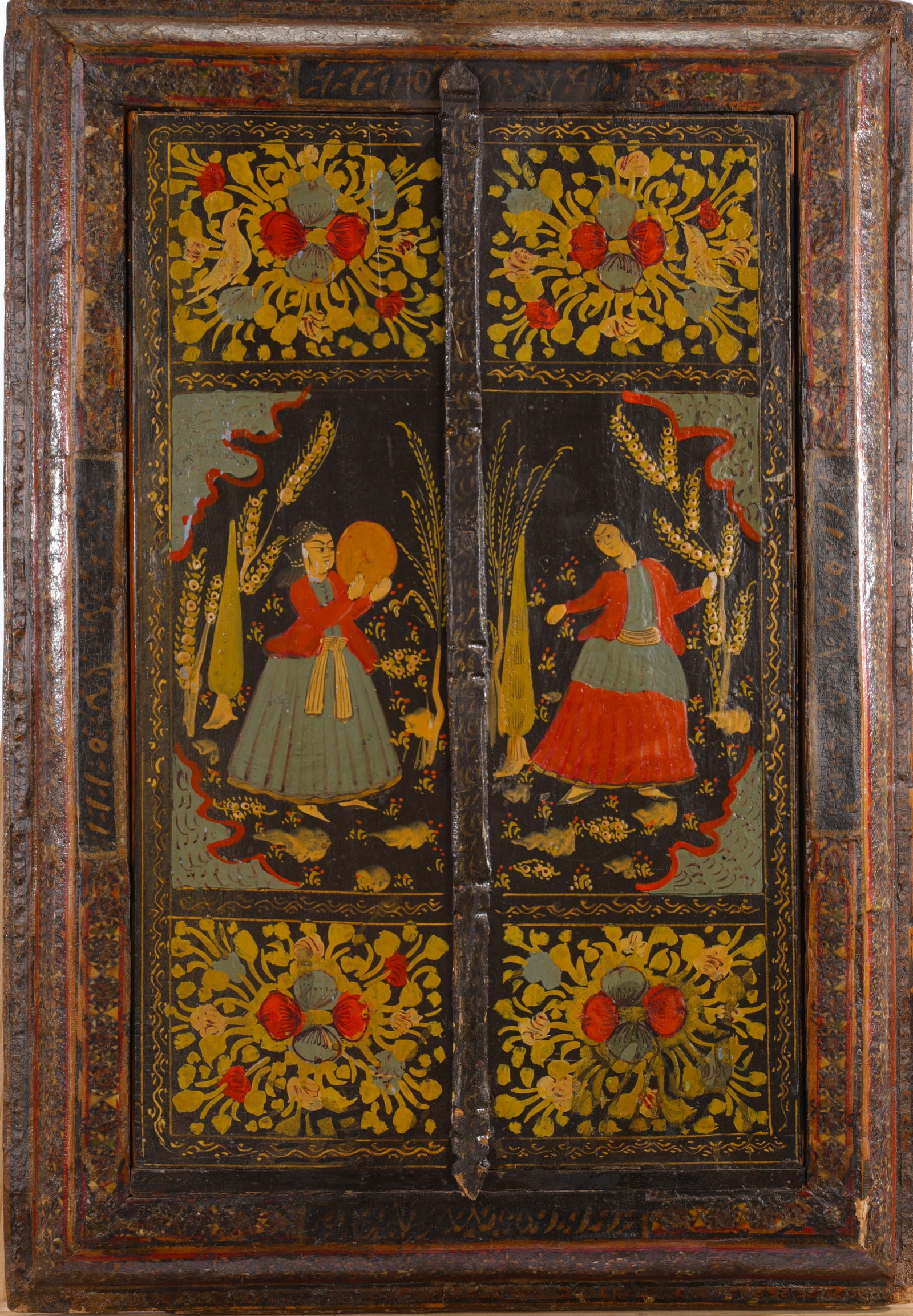 Antique Painted Persian Triptych Mirror Inlaid Wood (1830-1850) PROVENANCE (1 of 11)