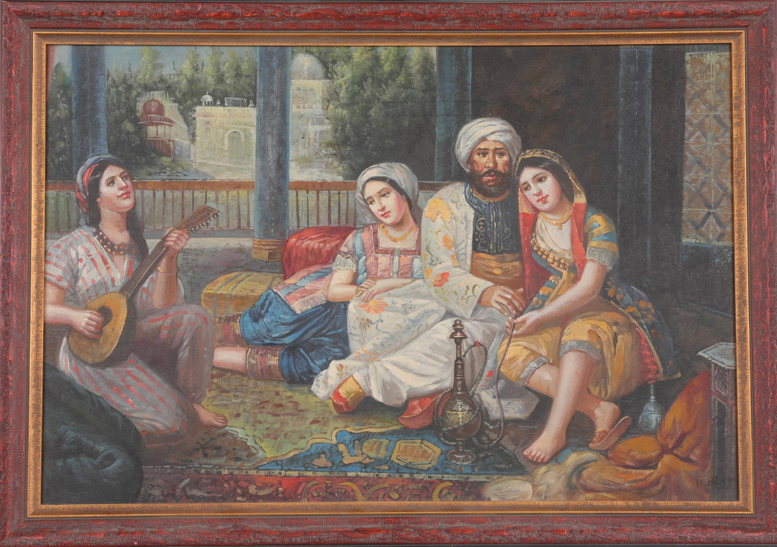 After LePaulle "The Pasha and His Harem" PERSIAN PAINTING Signed: A copy of "The Pasha and His Harem" painting by artist Francois Gabriel LePaulle. This work is oil on canvas and signed lower right recto: Hicham B...? Nicely framed. Dimensions:H: 39.5" x L: 28" x D: