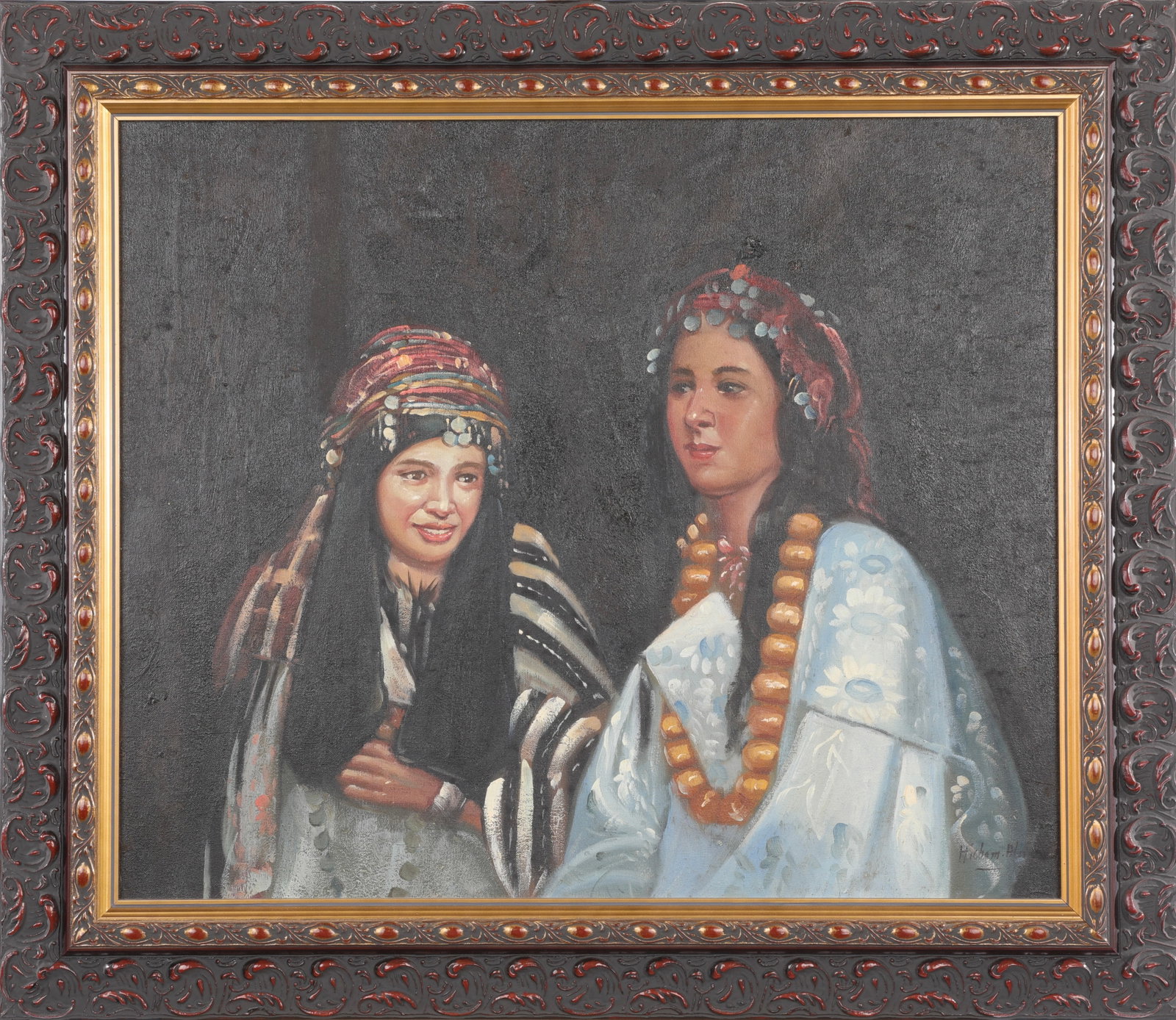 PERSIAN LADIES Oil/Canvas Painting Signed HICHAM B.: An original oil on canvas painting of two lovely Persian ladies. Nicely framed. Signed lower right recto Hicham B...?Dimensions:H: 25" x L: 29" x W: .5"