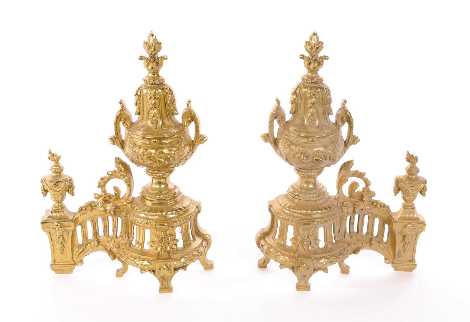 GILT BRASS ORNAMENTAL FIREPLACE FENDER SCREEN BOOKCASE ENDS (1 of 6)
