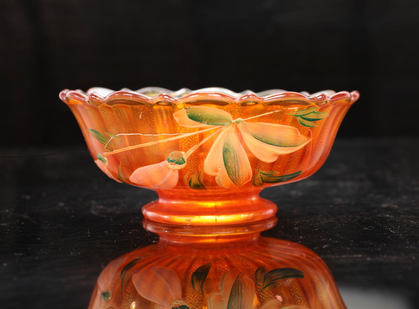 CARNIVAL GLASS BOWL W/ HAND-PAINTED FLOWERS #2: A carnival glass bowl with hand-painted flowers. As pictured. No chips, cracks or repairs noted. Measurements:2" H x 5.5" diameter