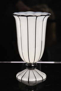 LOETZ MICHAEL POWOLNY JUGENSTIL CZECH OPALINE STRIPED GLASS VASE: An antique Jugentstil Loetz Czech opaline striped glass vase by Michael Powolny. As pictured. No damage noted. No chips, cracks or repairs. Measurements:7.25"H x 4.25" Diam (at mouth)