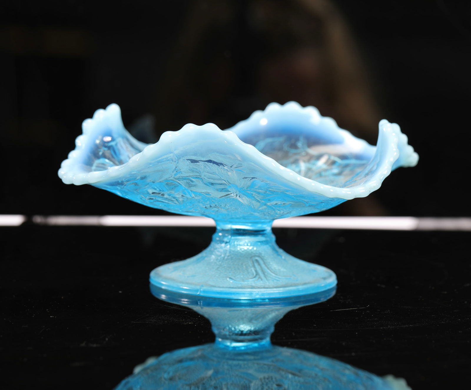 c.1910 DUGAN BLUE OPALESCENT GLASS RUFFLED COMPOTE (1 of 7)