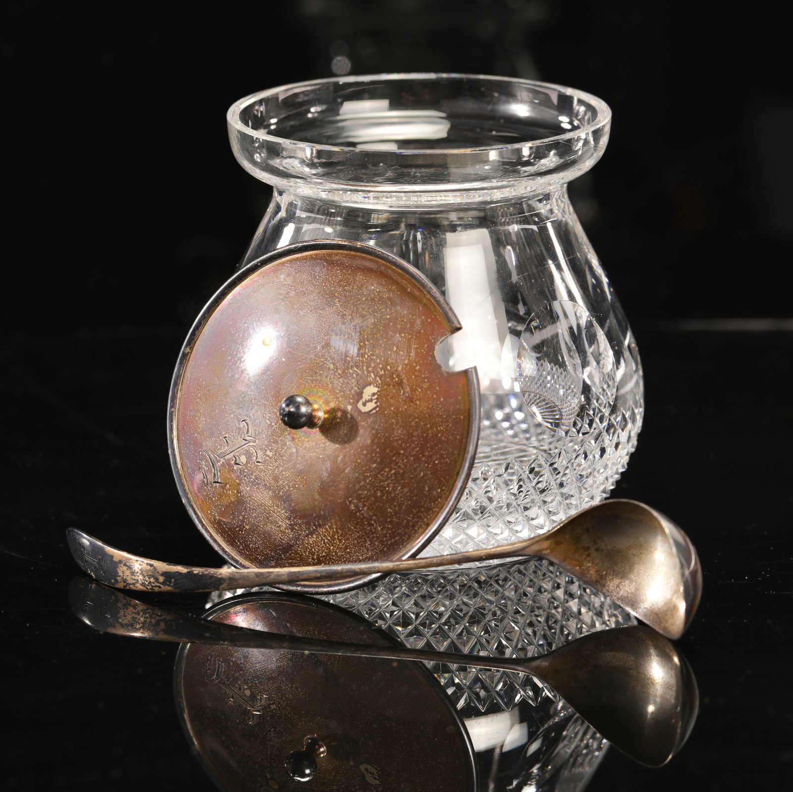 ANTIQUE CRYSTAL JELLY JAR W/ GORHAM STERLING SILVER LID & SPOON (1 of 10)
