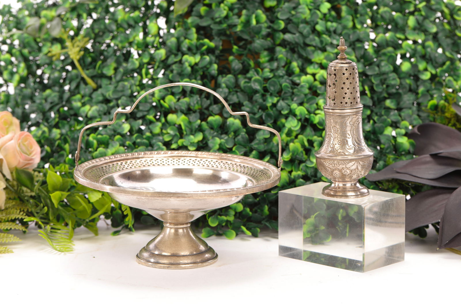 18th c LONDON GEORGIAN STERLING SILVER SUGAR SHAKER & VICTORIAN BRIDE BASKET (1 of 7)