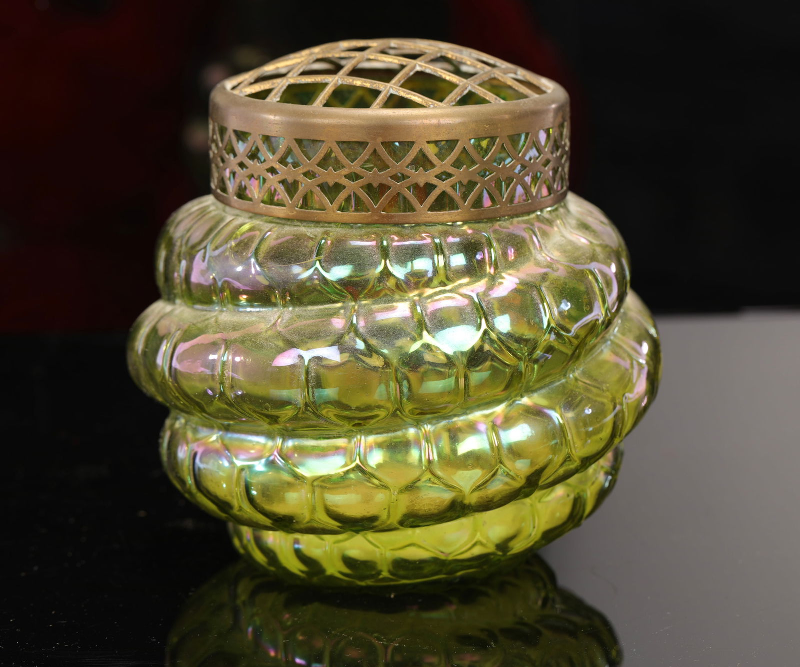 LOETZ ART DECO GREEN IRIDESCENT SNAKE VASE W/ METAL FROG (1 of 6)