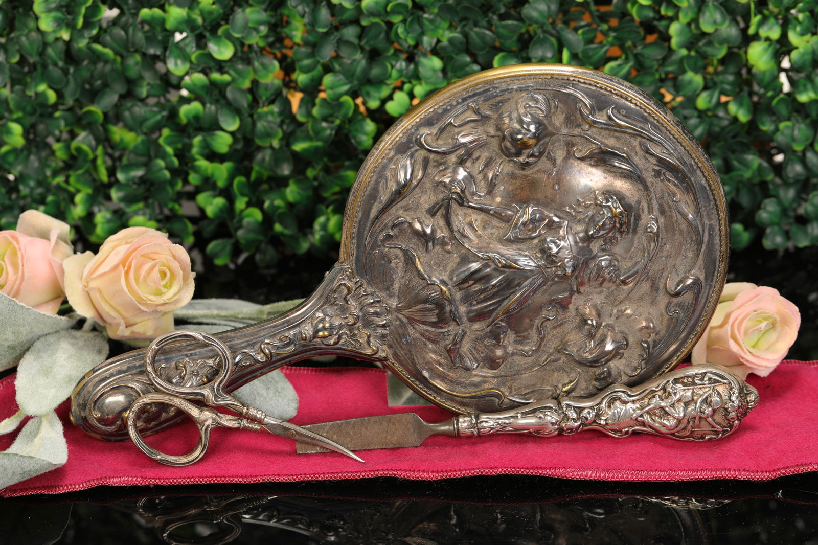 3 ART NOUVEAU STERLING SILVER VANITY PCS LOVER'S SWING + (1 of 13)