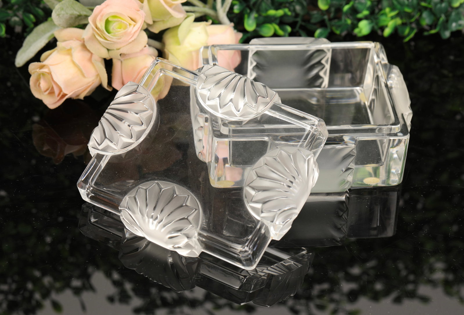 LALIQUE CORFU CRYSTAL DRESSER BOX: A lovely crystal dresser box with coquette details. Signed Lalique, France on base. 2.25" x 5" x 4"