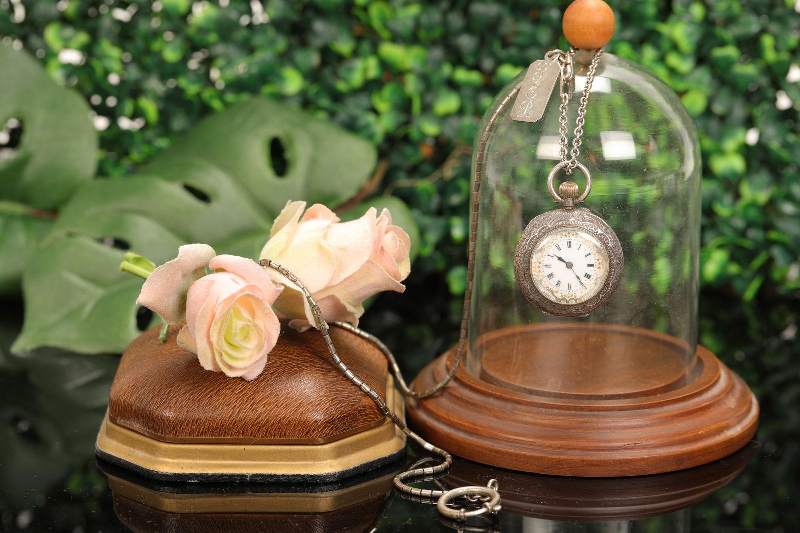VICTORIAN STERLING SILVER POCKET WATCH W/ FOB, BOX & GLASS DISPLAY DOME (1 of 13)