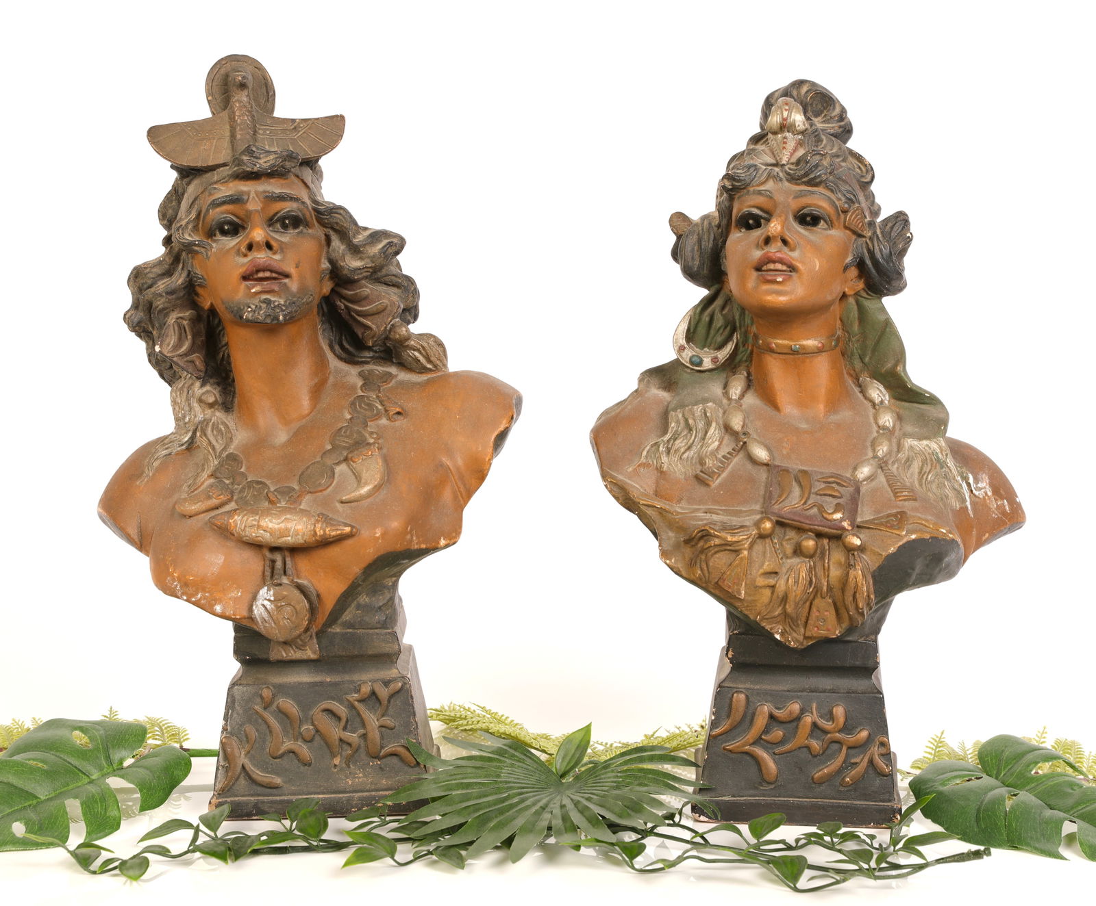 2 EGYPTIAN REVIVAL BLACKAMOOR ART NOUVEAU PAINTED PLASTER BUSTS: A pair of large Egyptian Revival painted plaster blackamoor busts with amazing detail in face, open mouth and teeth and well-defined eyes. 17" H x 10" W x 7" D
