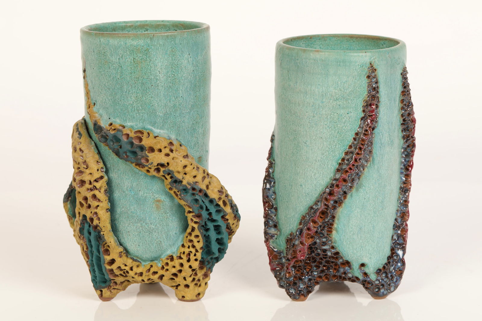 PAIR STUDIO ART POTTERY VASES TEXTURED CORAL SIGNED (1 of 12)
