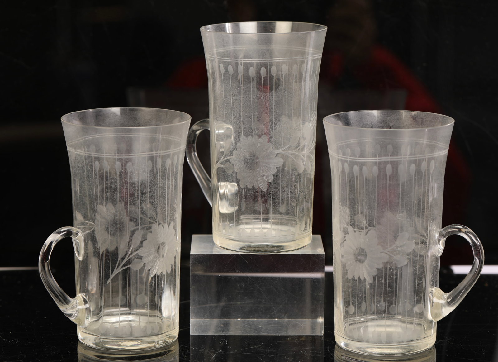 3 ANTIQUE ETCHED GLASS IRISH COFFEE MUGS: A set of three antique etched glass Irish coffee mugs. 5.5" H x 3" diameter