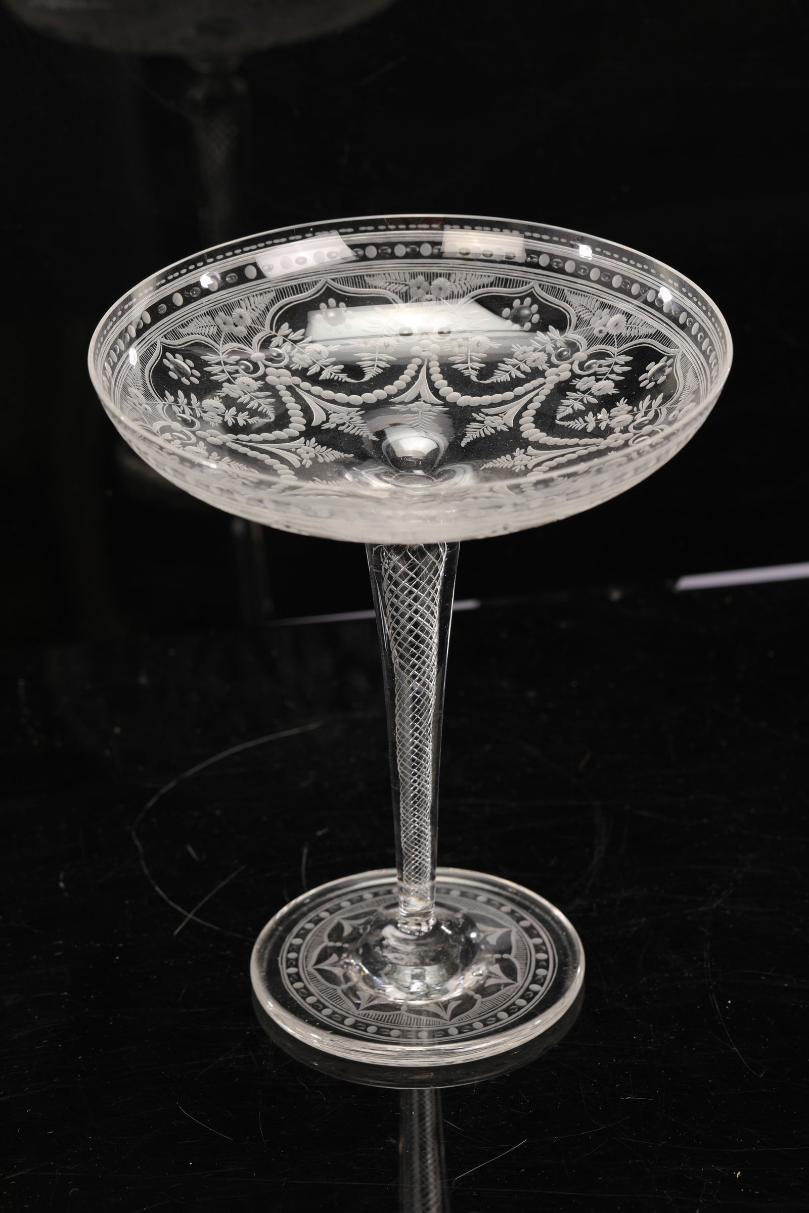 VENETIAN GLASS FINELY ETCHED COMPOTE W/ LATTICE TWIST STEM (1 of 7)