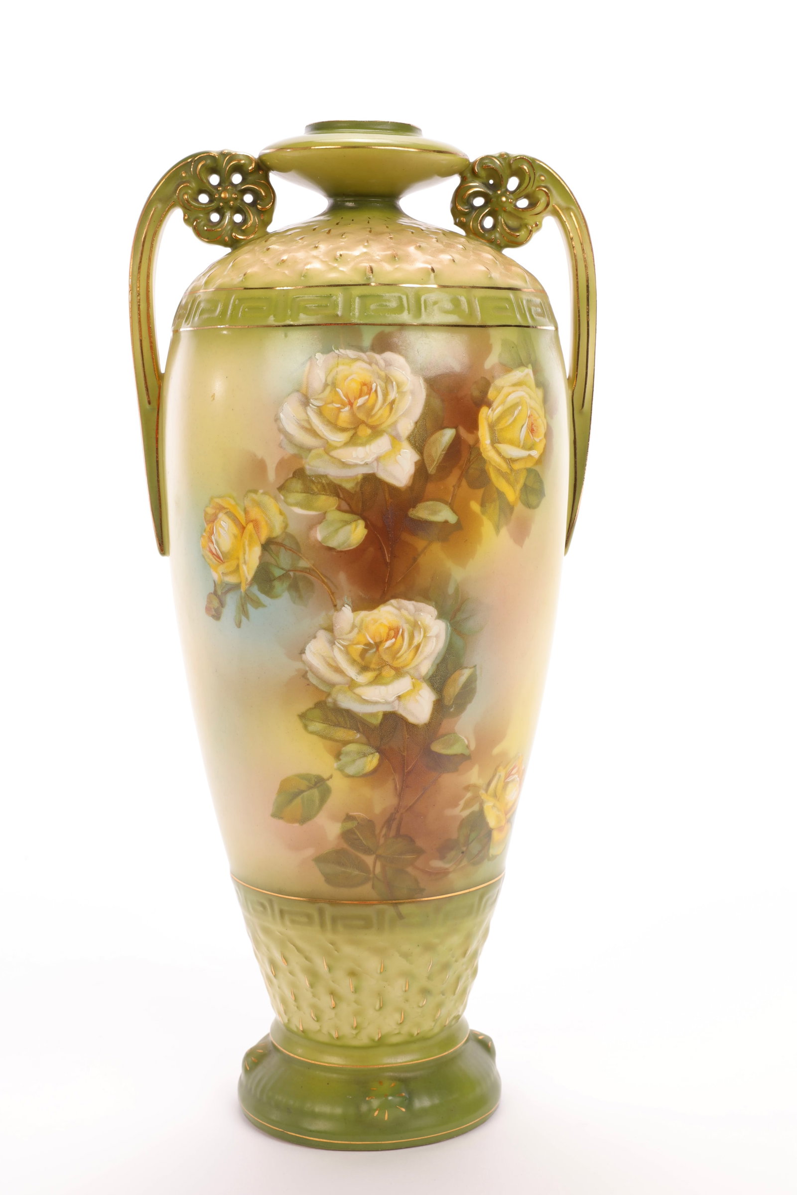 JUGENSTIL ROYAL WETTINA PAINTED PORCELAIN VASE AUSTRIA 15": A lovely Art Nouveau porcelain vase with hand painted roses. Made by Royal Wettina in Austria. Gorgeous form and colors! Marked on base. 15" x 7.5"