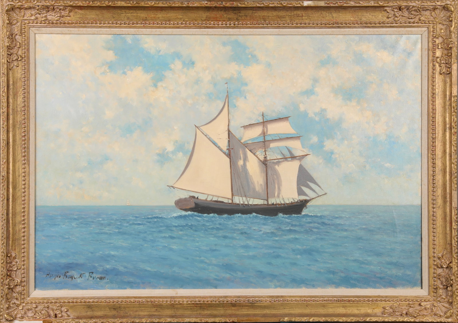 HUGH BOYCOTT BROWN (1909-1990) OIL/CANVAS PAINTING "TOPSAIL SCHOONER": A fantastic original oil on canvas painting entitled "Topsail Schooner" by listed artist Hugh Boycott Brown (English 1909-1990). Signed lower left recto. This is one of his largest works on record. Fr