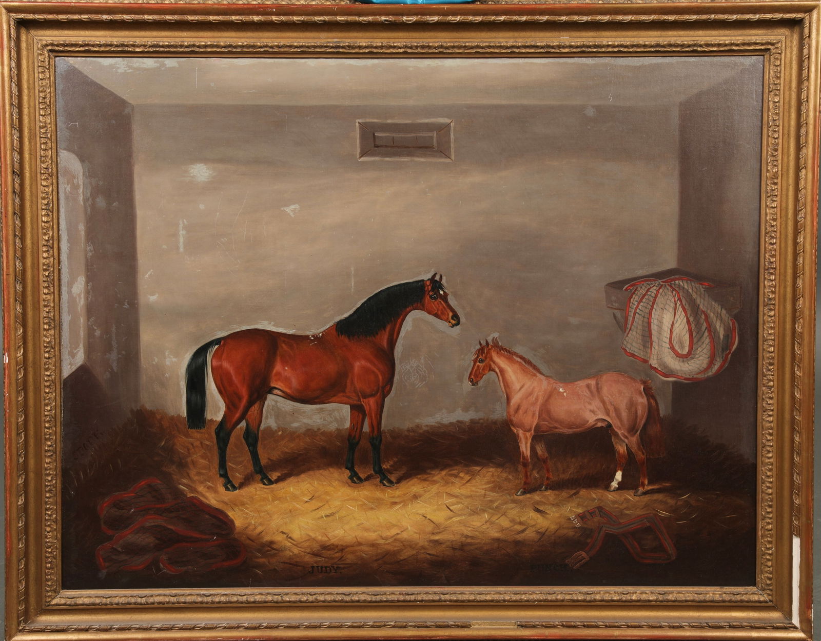 SAMUEL SPODE (1798-1872) OIL PAINTING PUNCH & JUDY HORSES IN STABLE (1 of 9)
