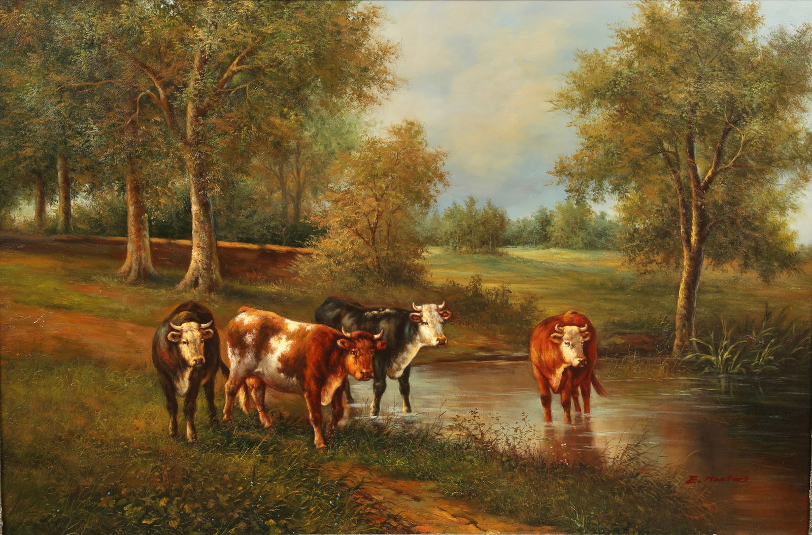 EDWIN MASTERS (1840-1880) OIL PAINTING BUCOLIC LANDSCAPE W/ COWS (1 of 6)