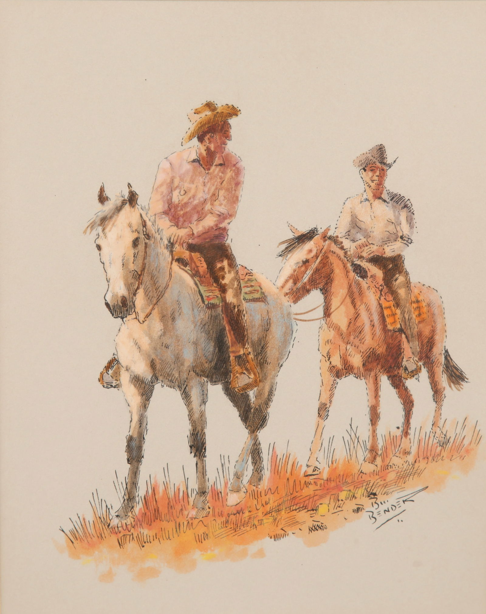 BILL BENDER (1916-2016) "COWBOYS" ORIGINAL WATERCOLOR PAINTING (1 of 7)