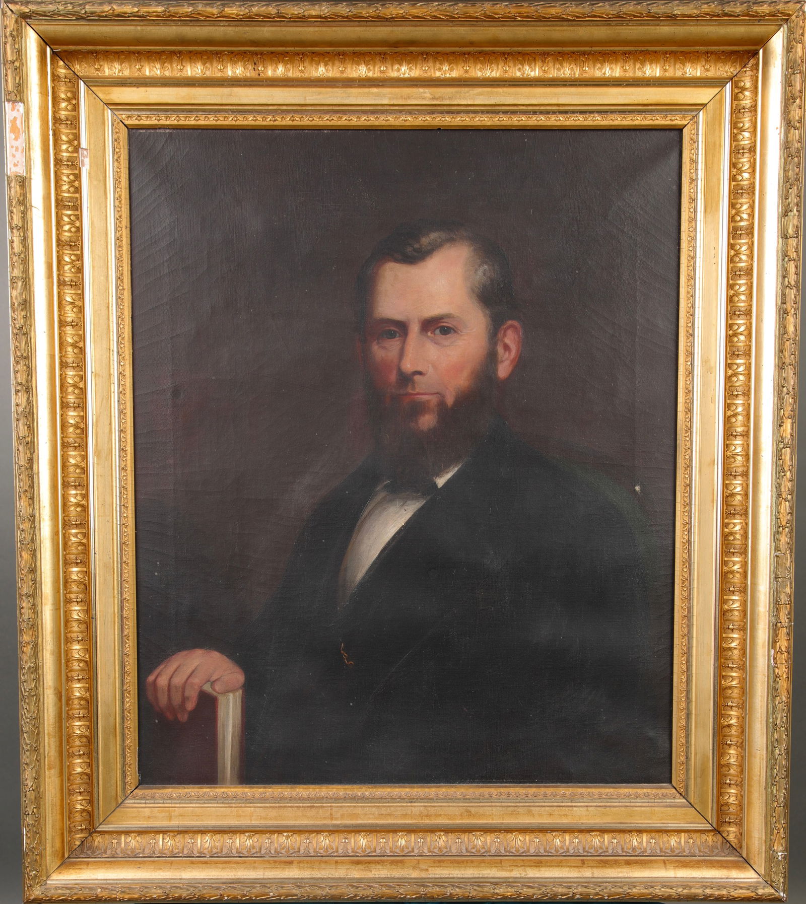 19th c. PORTRAIT OF BRITISH AUTHOR CHARLES STUART PARKER OIL PAINTING GILTWOOD FRAME: A lovely 19th century portrait of British author, Charles Stuart Parker (1829-1910) holding a book. Artist is unknown. European style stretcher and ornate giltwood frame. On verso is a Sotheby's Chica