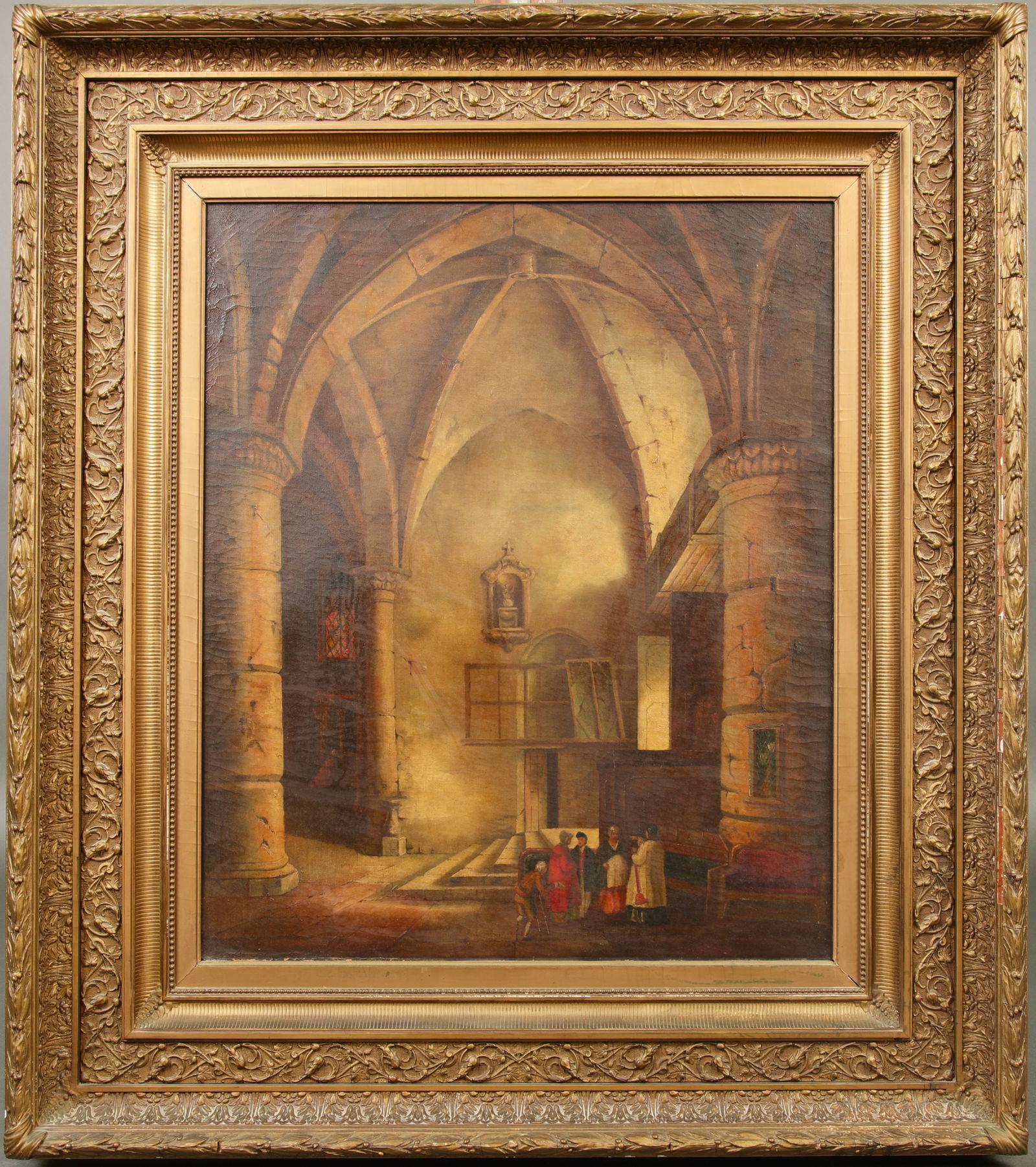 19th c. FLEMISH INTERIOR OF CATHEDRAL OIL PAINTING ORNATE GILTWOOD FRAME 45" X 40" (1 of 8)