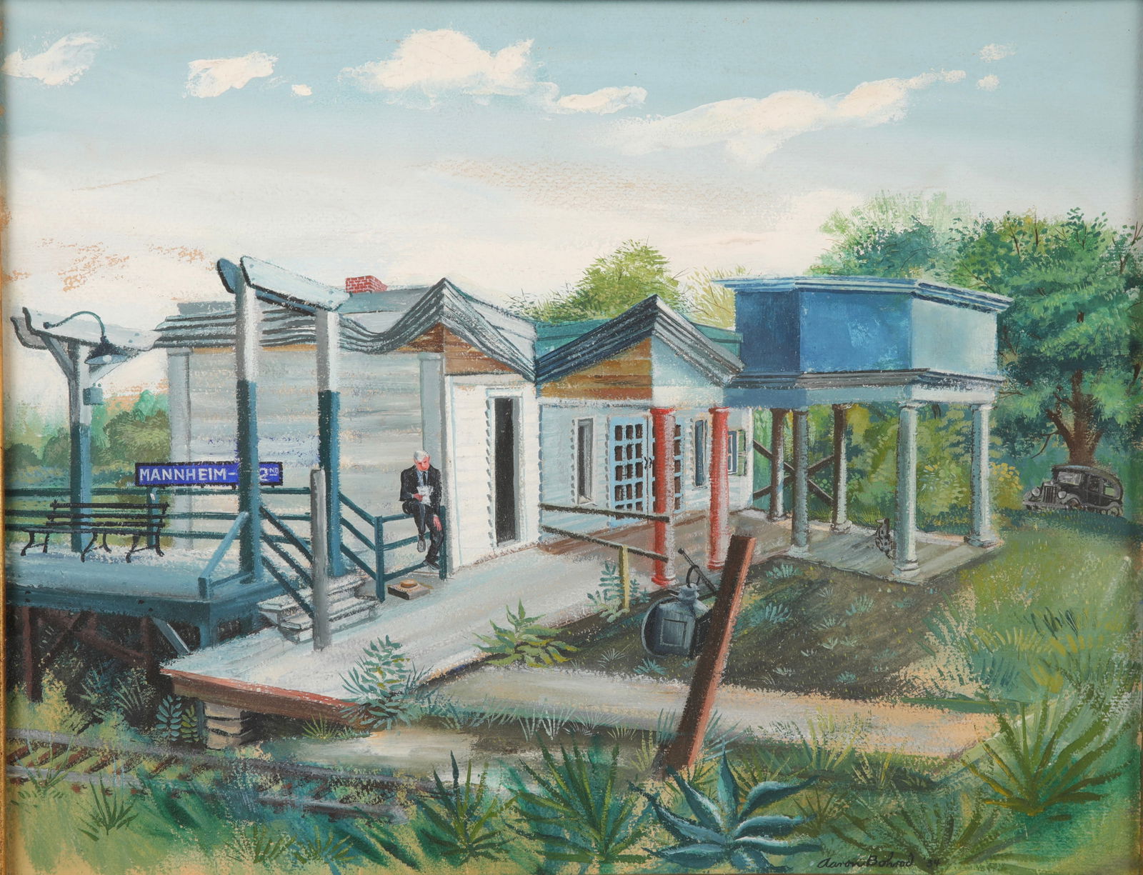 AARON BOHROD (1907-1922) REGIONALIST OIL & GOUACHE PAINTING "TRAIN STATION" (1 of 7)
