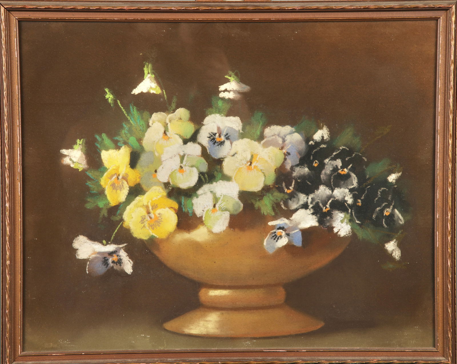 VICTORIAN OIL PASTEL PANSIES STILL LIFE ART DRAWING (1 of 4)