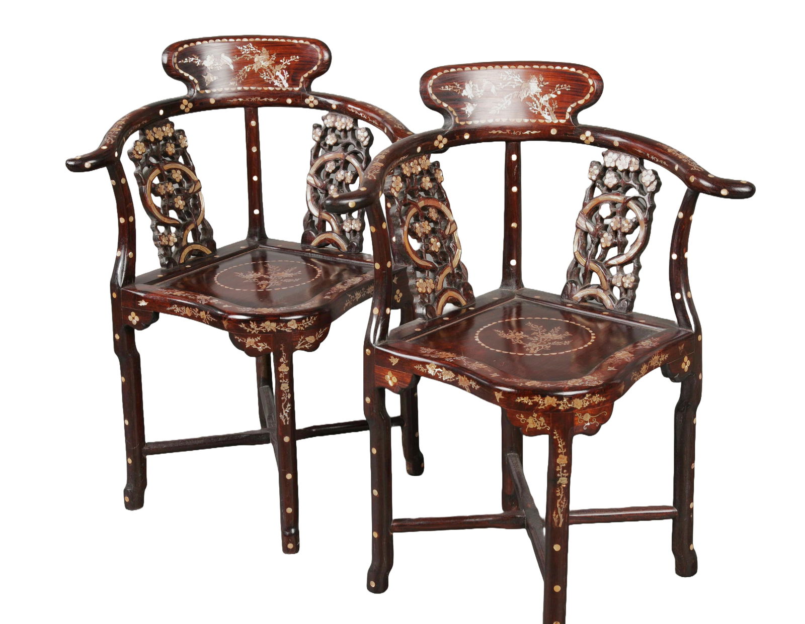 PAIR CARVED ROSEWOOD INLAID MOTHER OF PEARL ASIAN CORNER CHAIRS (1 of 7)