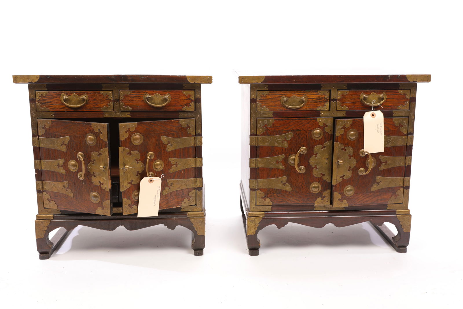 PAIR TIGER MAPLE & BRASS ASIAN CABINETS END TABLES (1 of 9)
