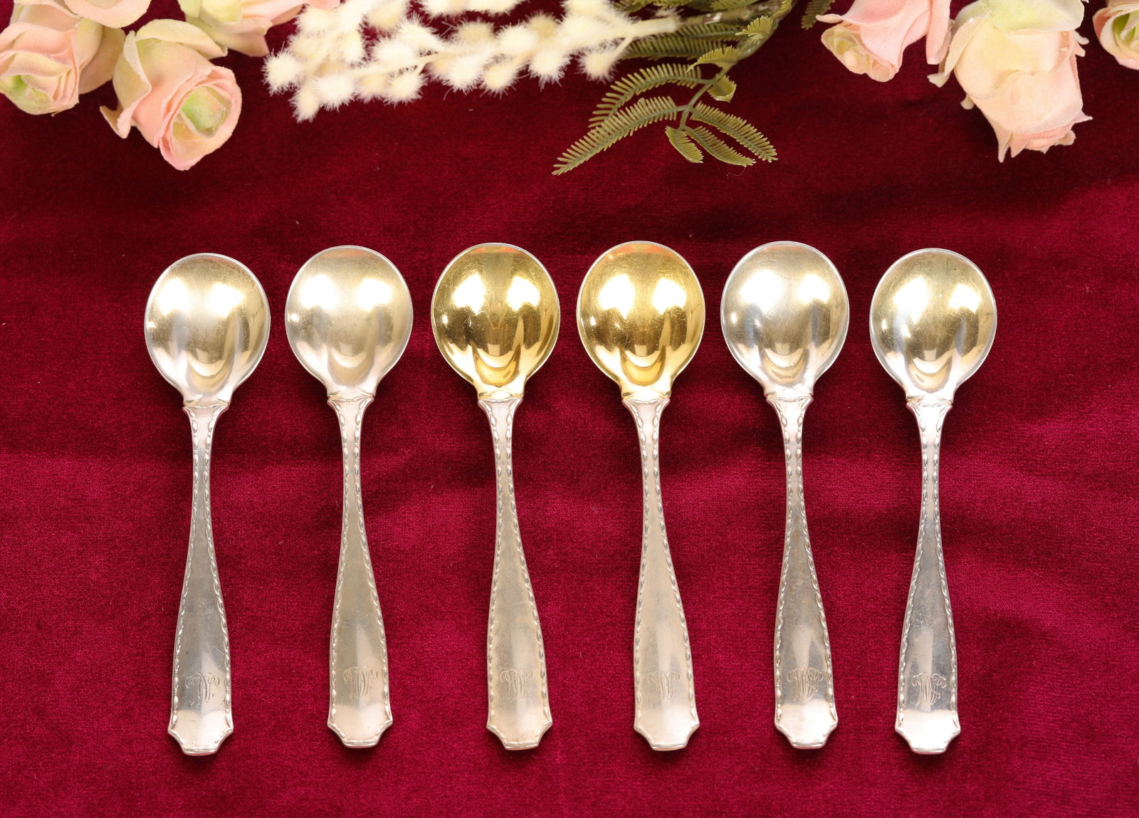 TIFFANY & CO STERLING SILVER (6) SHERBET SPOONS MARQUISE GOLD WASH (1 of 8)