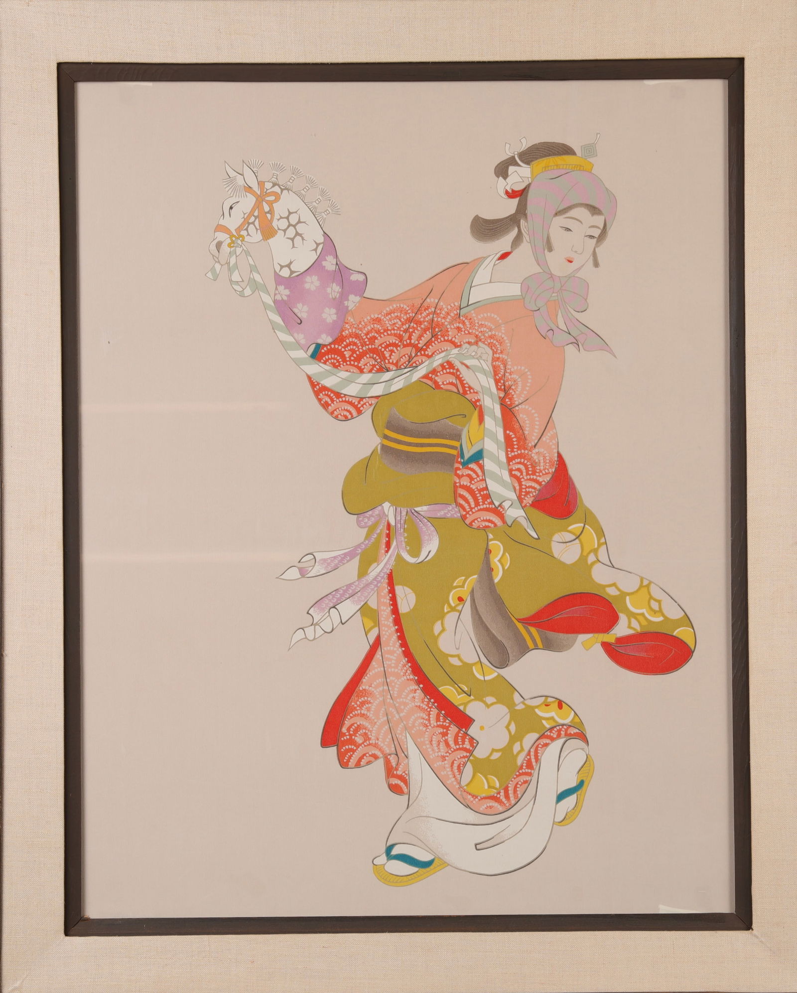 JAPANESE KABUKII THEATRE PAINTING ON SILK: An original Japanese painting on silk depicting a traditional Kabuki theater puppeteer. Nicely framed under glass. Framed size measures: approx. 22" x 28"
