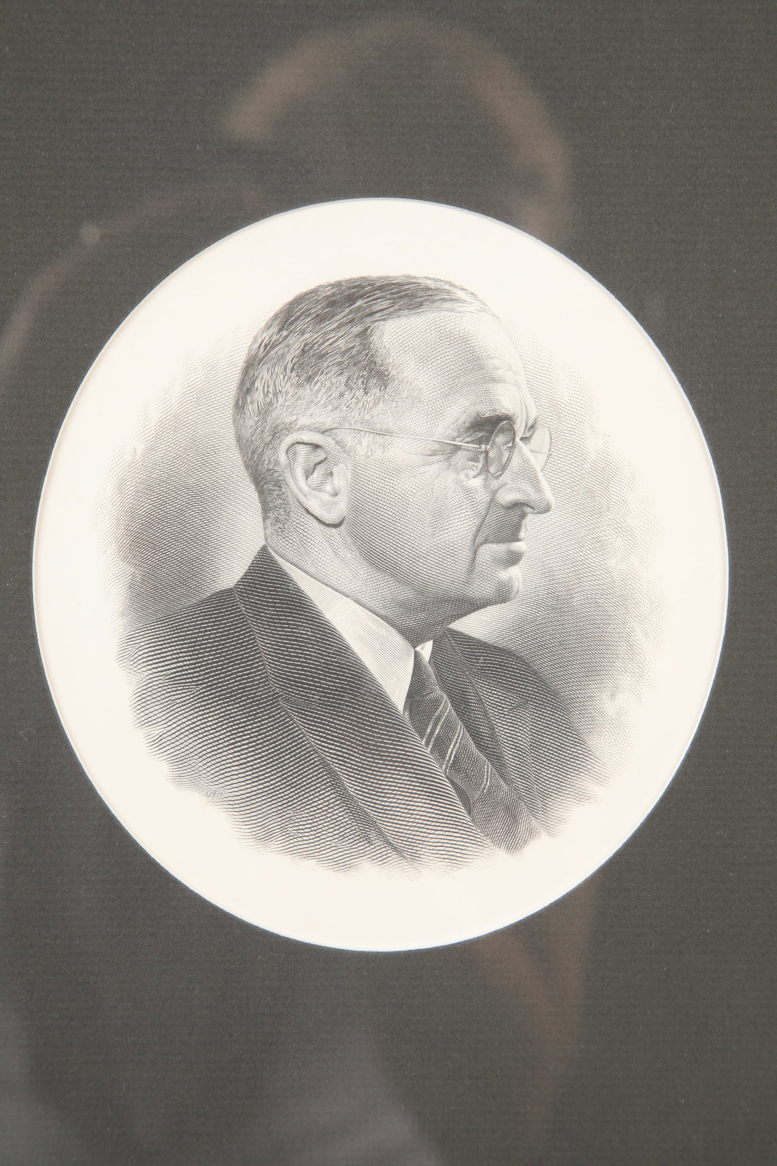 HARRY S. TRUMAN PRESIDENTIAL PRINT #1 NICELY FRAMED: A nice print of an engraving of President Harry S. Truman. Nicely framed and matted. Framed size measures: 14.5" x 11.5". The Harry S. Truman Library is in Independence, MO, just down the street from 