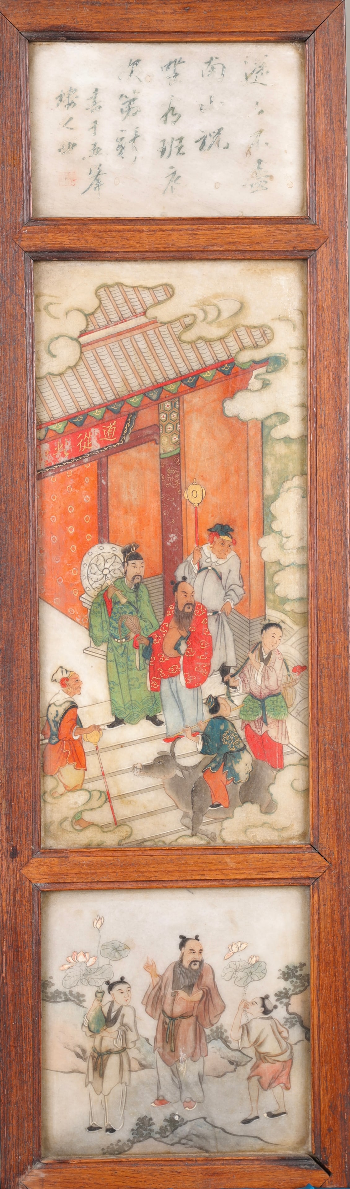 Q'ING DYNASTY CHINESE PAINTING ON MARBLE TILE WALL PLAQUE #1: An antique Q'ing Dynasty Chinese painting on marble wall plaque set in wooden frame. There are three panels with paintings and/or writing on each side. This is double-sided, so there are 6 images in t