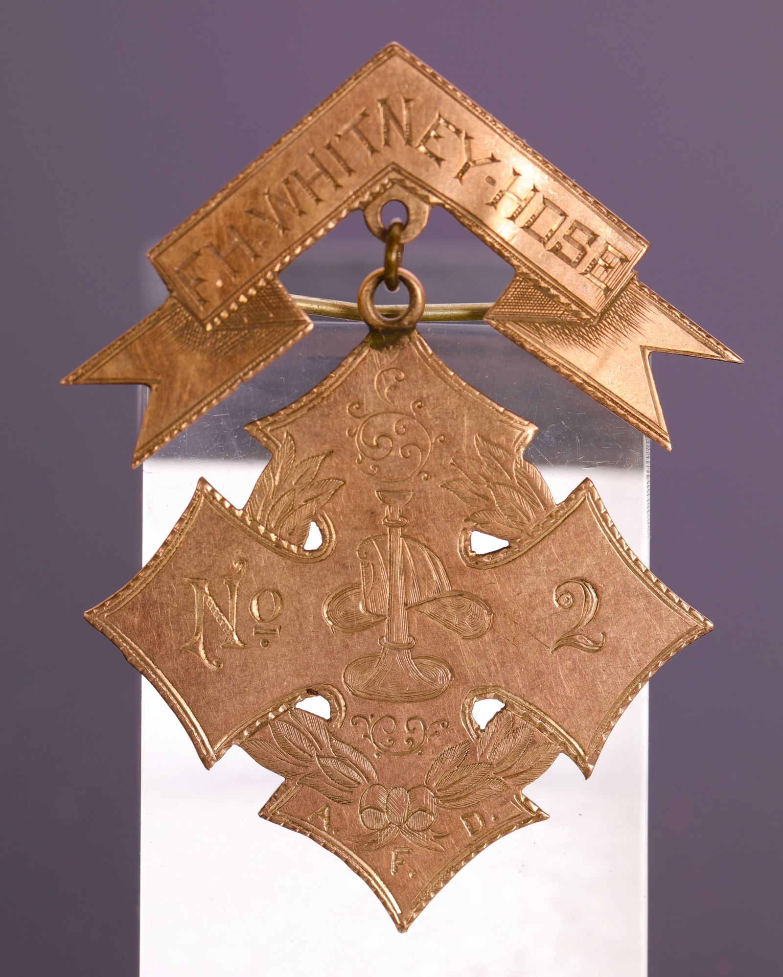 19th c 10K GOLD FIREMAN'S BADGE PIN F.H. WHITNEY HOSE No.2 (1 of 8)