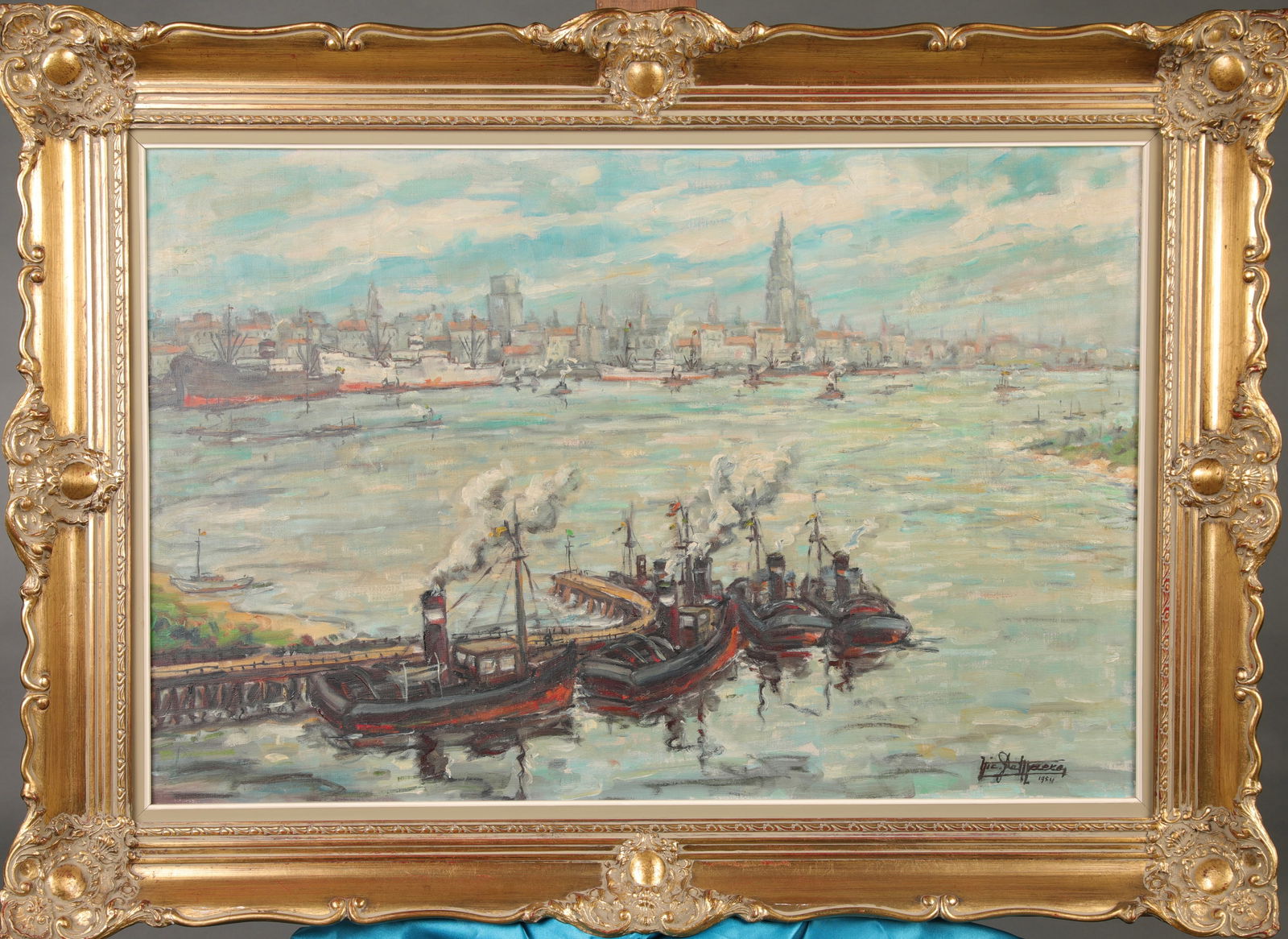 BOATS IN HARBOR SIGNED OIL/ CANVAS PAINTING (1 of 8)
