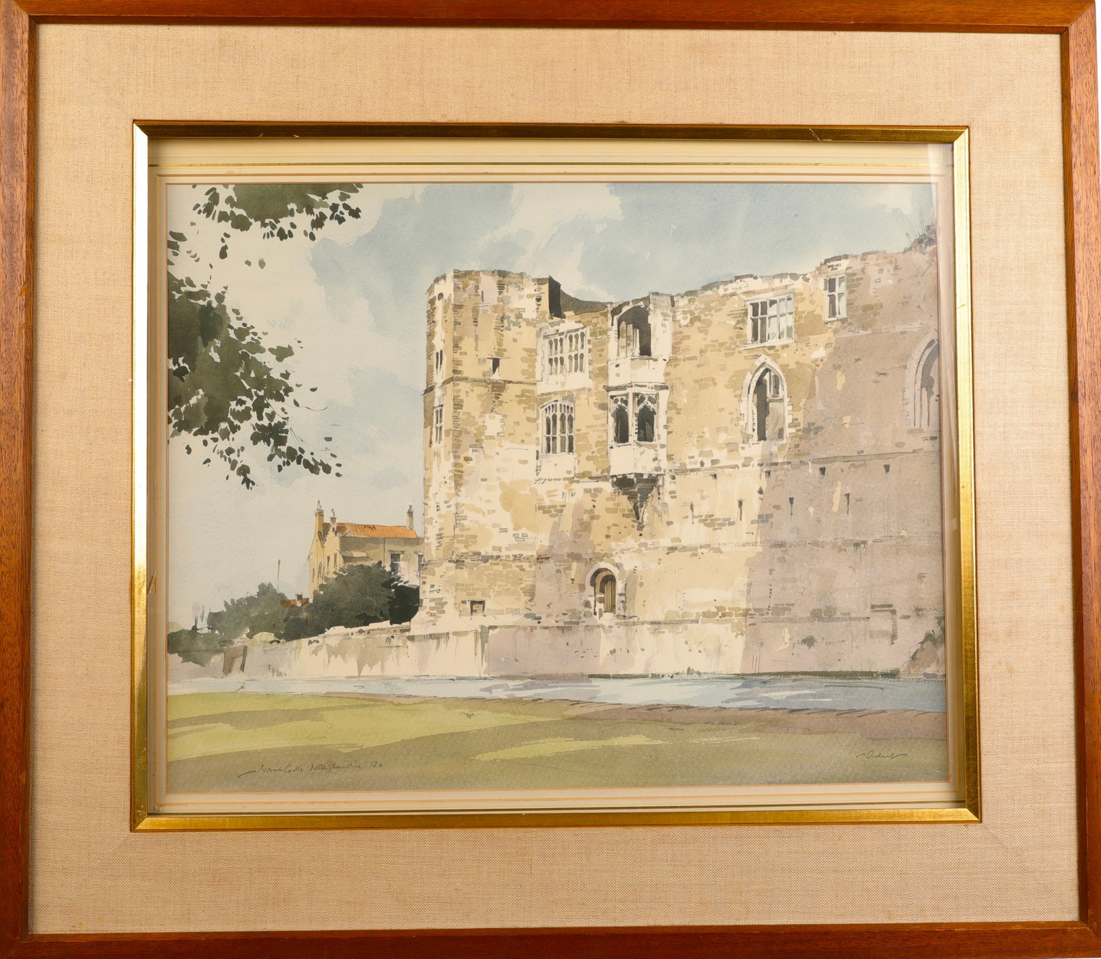 STANLEY ORCHART (1920-2005) NEWARK CASTLE, NOTTINGHAMSHIRE WATERCOLOR PAINTING: An original watercolor on paper painting of Newark Castle in Nottinghamshire by listed artist Stanley Orchart. Signed lower right recto and title lower left. On verso is original gallery label for Bea