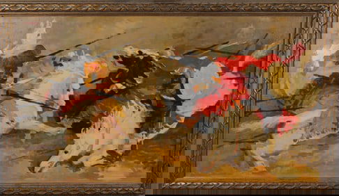 S. NIKOWIC MID-CENTURY MODERN OIL / CANVAS PAINTING JOUSTING