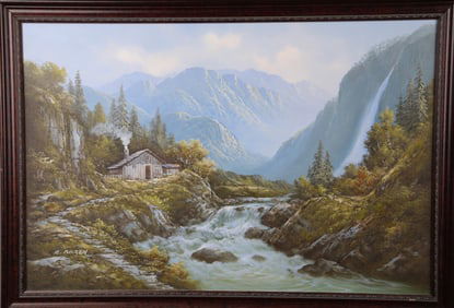 R. BOREN OIL / CANVAS PAINTING MOUNTAIN WATERFALL