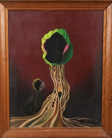 JOHN S. SMITH 1966 SURREALISM OIL PAINTING "FAIRY TAVERNS"