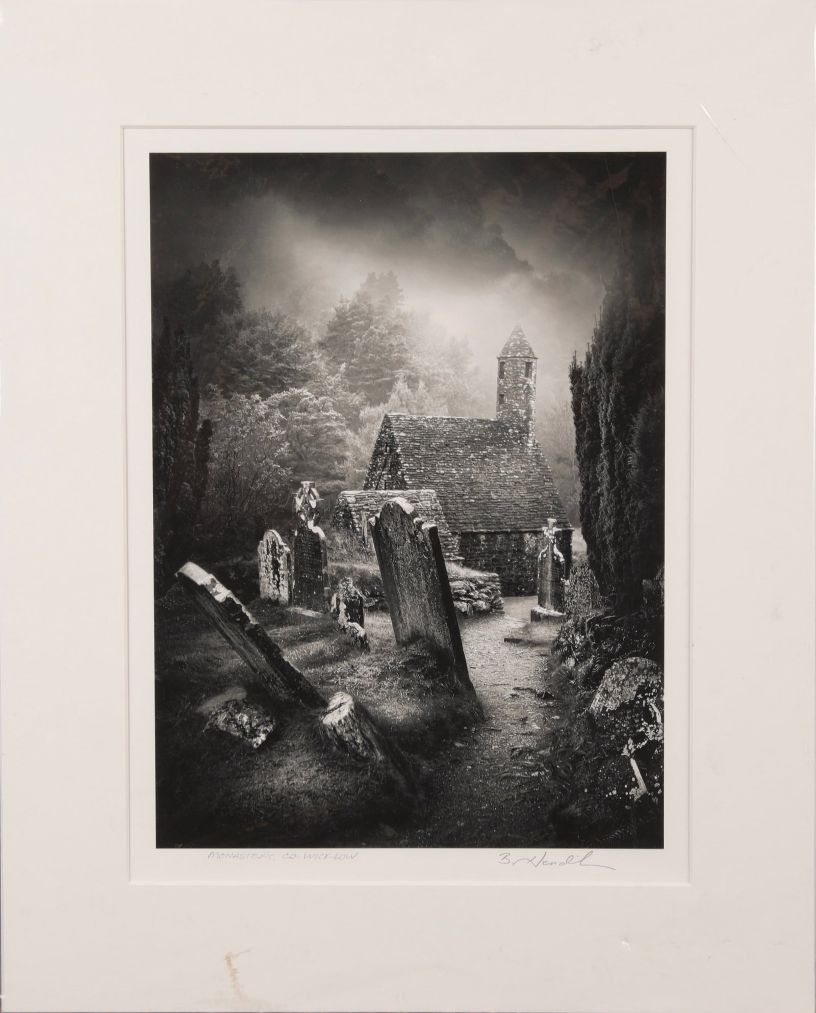 BARRY THOMAS HENDRICKSON GLENDALOUGH MONASTERY PHOTO-LITHOGRAPH: A lovely photograph by Barry Thomas Hendrickson printed on cotton rag paper of the Glendalough Monastery in County Wicklow, Ireland. St. Kevin's church 6th-11th century with amazing graveyard with ori