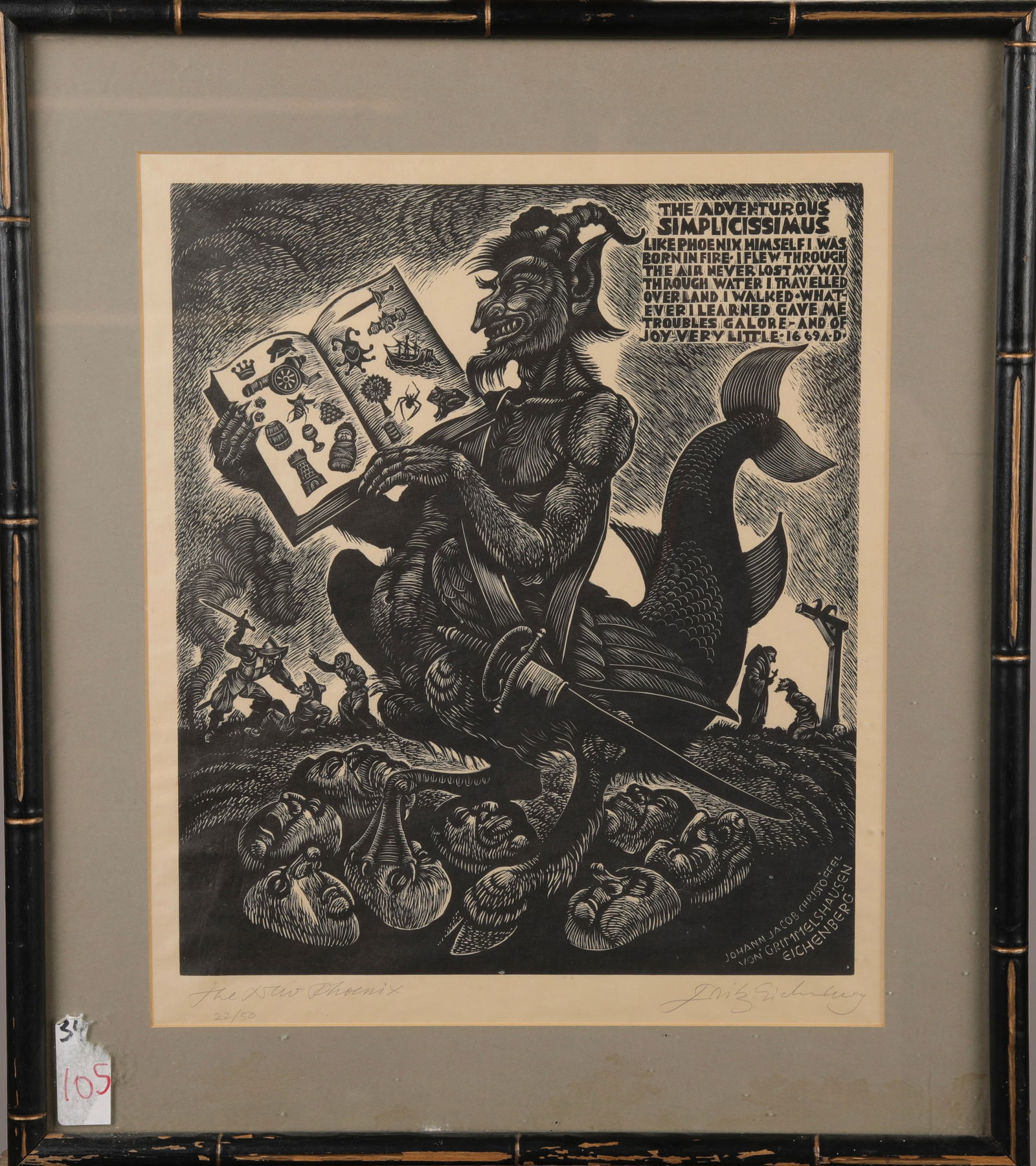 FRITZ EICHENBERG 1930'S "THE NEW PHOENIX" DEVIL WOODBLOCK PRINT (1 of 7)