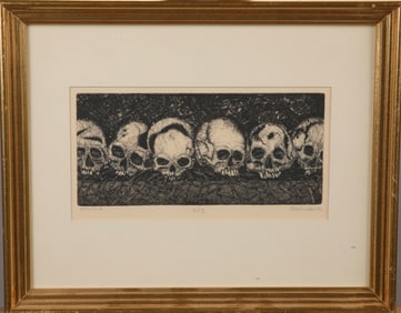 POULEE SIGNED/# ETCHING "SIX SKULLS"