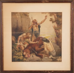 ALEXANDER LEYDENFROST (1881-1961) GOUACHE PAINTING CAVEMEN BEAR HUNT