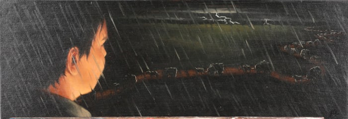 J. WYN ILLUSTRATION ART PAINTING WAGON TRAIN IN THE RAIN