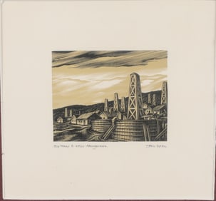 JOHN DEPOL COLOR WOOD ENGRAVING "OLD TANK & WELLS"