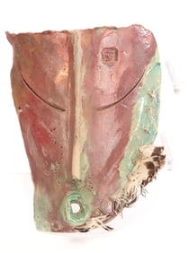 POTTERY SPIRIT MASK #1 MARKED RAKU GLAZE & FEATHERS