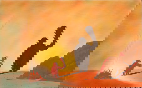 ORIGINAL COMIC BOOK / CARTOON ILLUSTRATION ART PAINTING CAVEMEN IN SUNSET