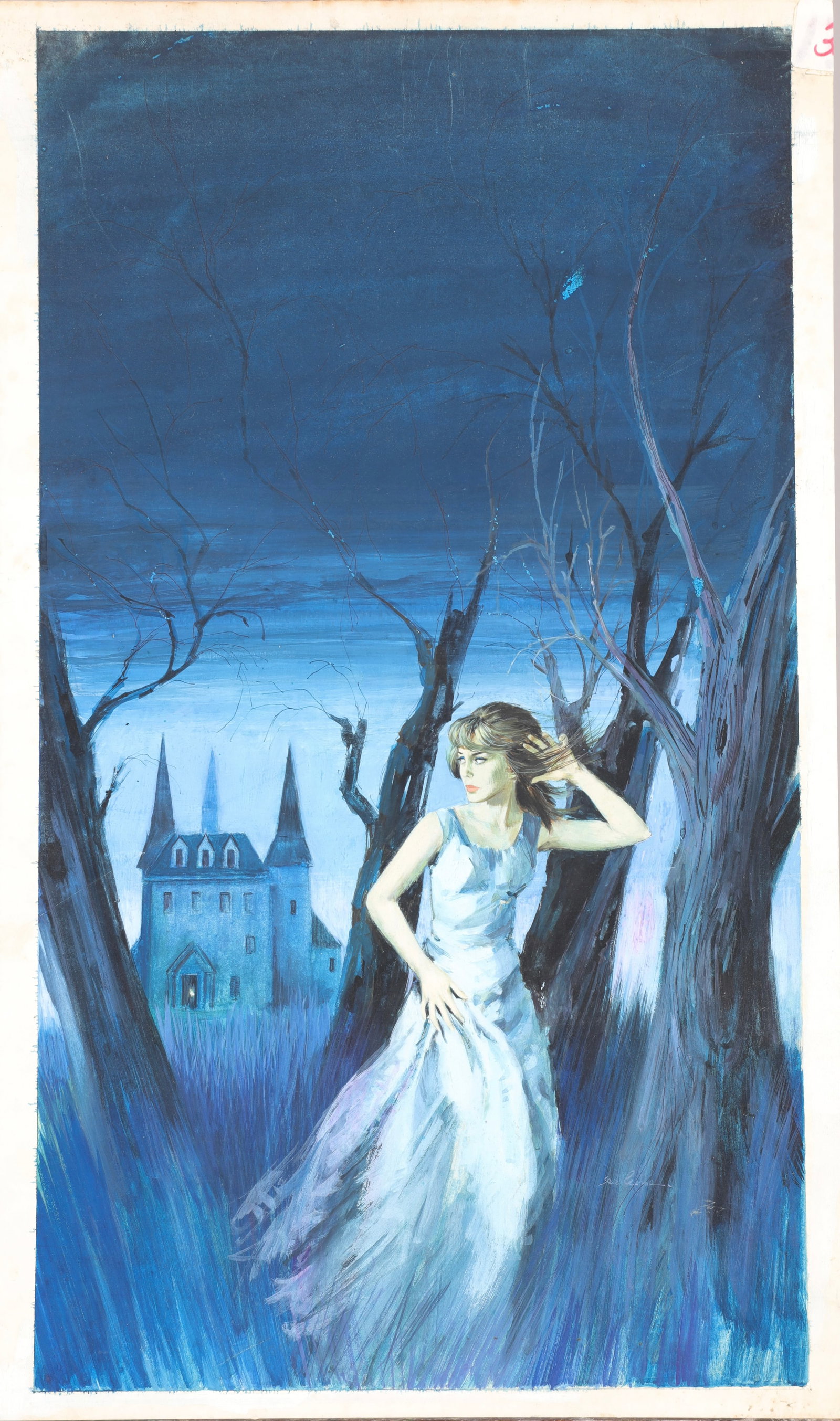 JEROME PODWIL (1938-) ORIG. ILLUST. ART PAINTING GOTHIC NOVEL "THE WAITING SANDS": An original painting by artist Jerome Podwil (American, b.1938) This is an original illustration art for the gothic horror novel by Susan Howatch, published in 1966. Signed mid recto Jer Podwil. Info 