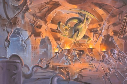 ERIC HESCHONG (1950-2013) ORIGINAL CONCEPT ART FANTAZTEC DRAGON W/ SWORD