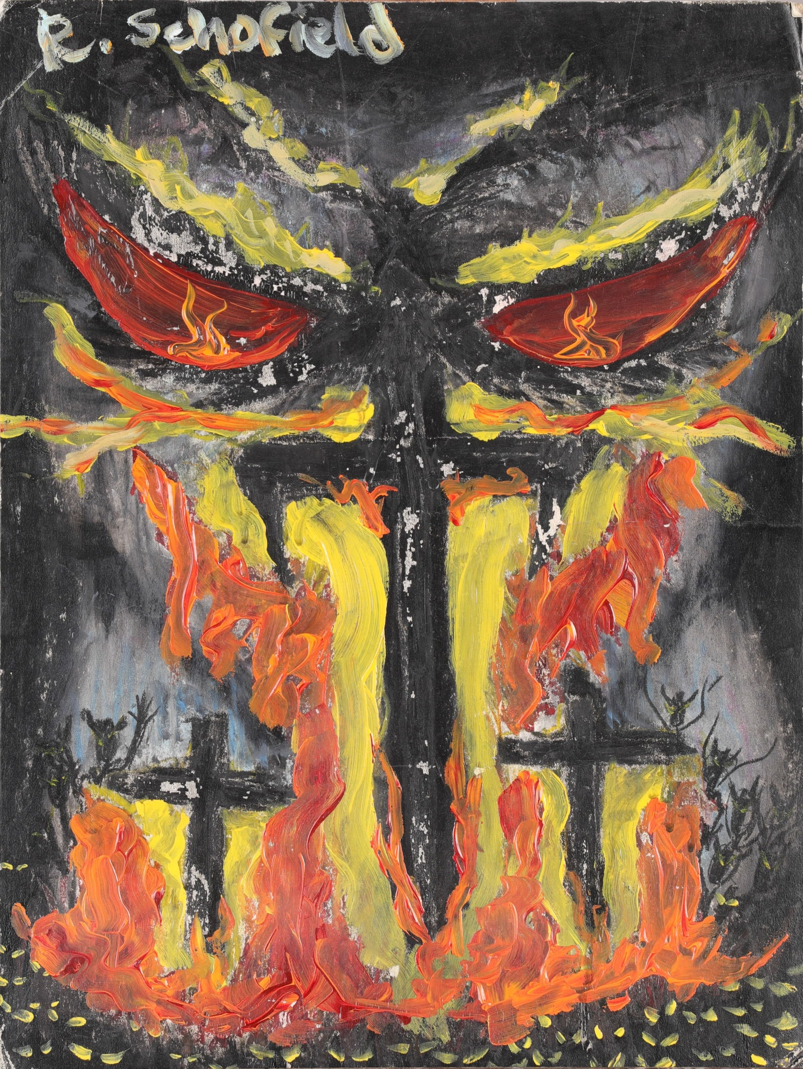 R. SCHOFIELD OUTSIDER ART PAINTING 1950'S CROSSES ON FIRE (1 of 6)