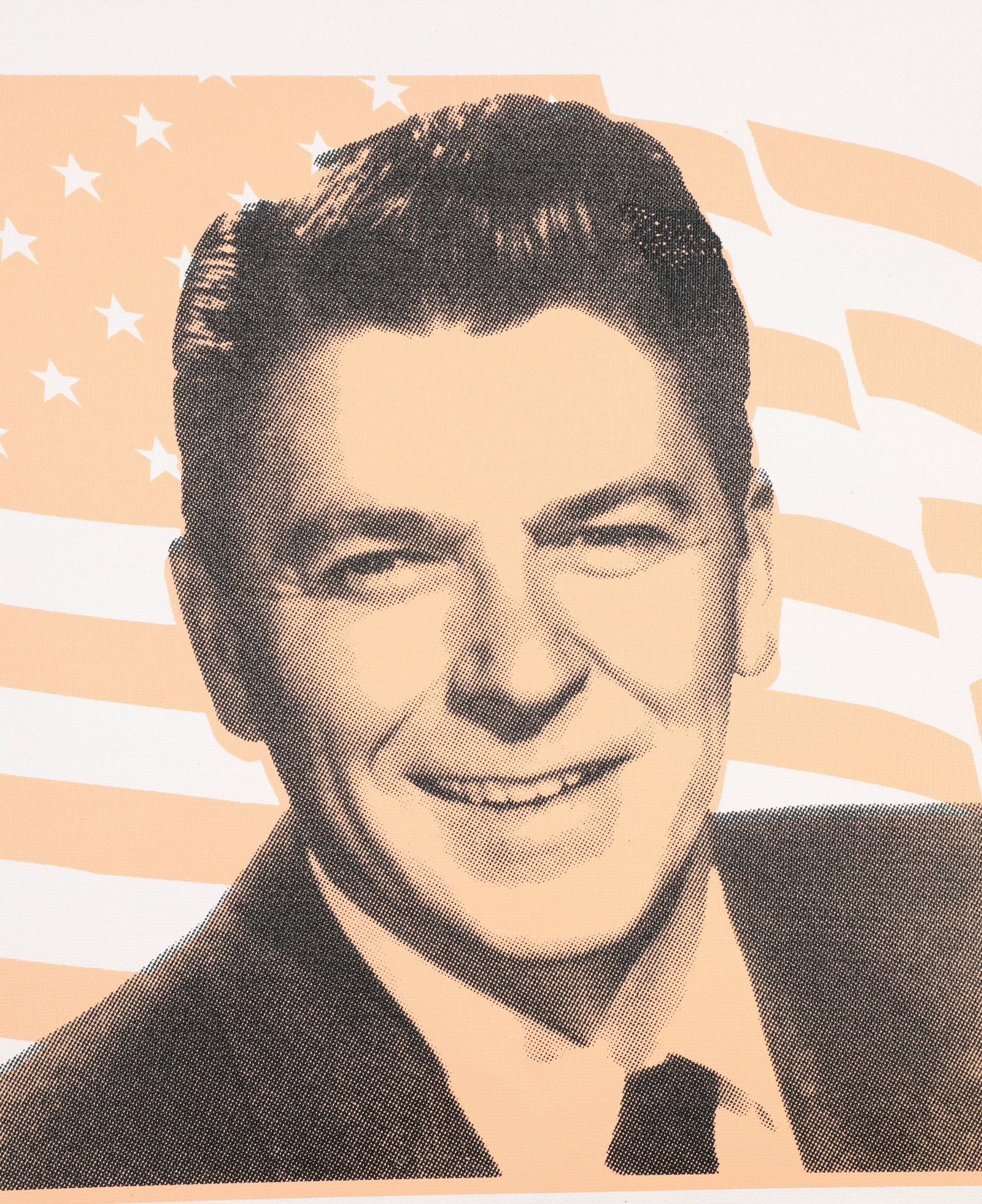 RONALD REAGAN POP ART SERIGRAPH ON CANVAS: A Pop Art serigraph on canvas of Ronald Reagan. Initialed on back SHK. Loose, unframed. Measures: 16" x 16.5". Contact our recommended 3rd party shipper UPS #6869 at (816) 249-1020 or store6869@theups